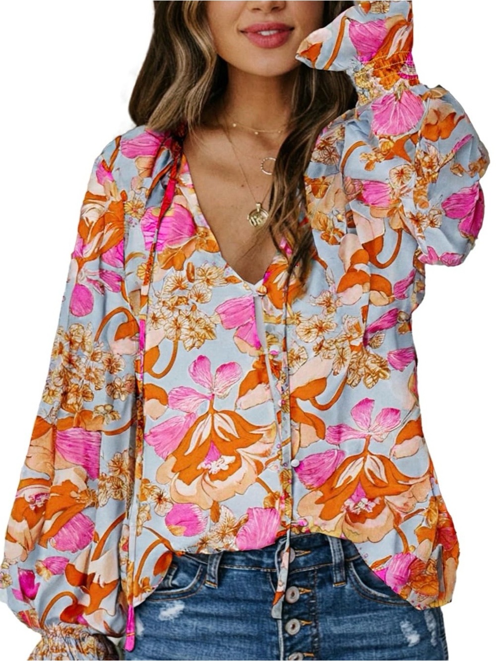 Floral V-Neck Ruffled Long-Sleeve Top - Pink & Orange
